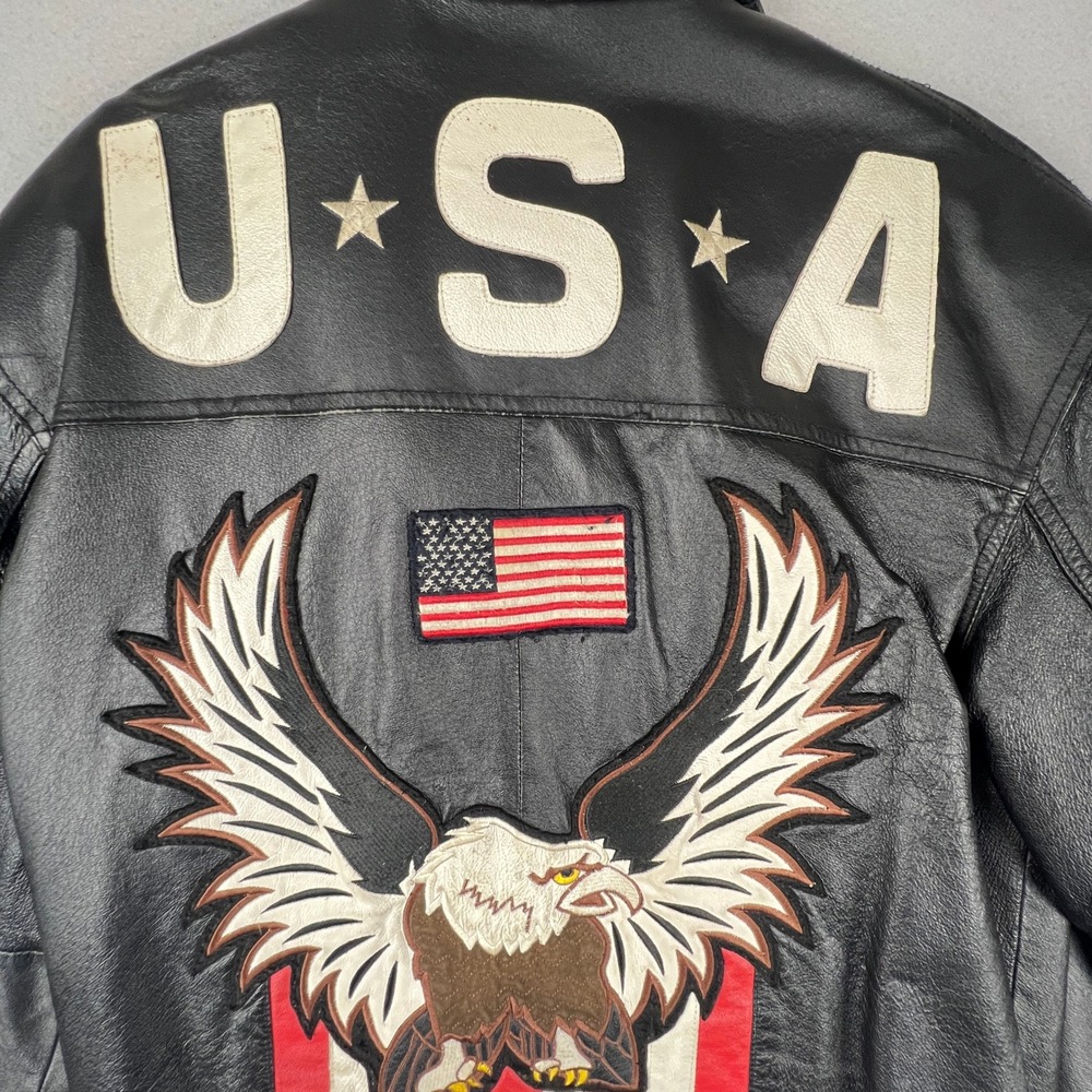 Leather Bomber Jacket Mens L Black USA Eagle Patriotic Biker Vintage Rocker - Picture 14 of 16